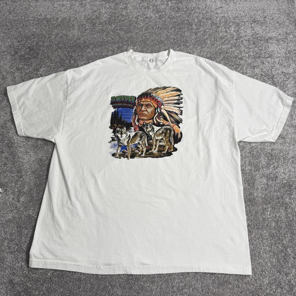 Vintage Native American Shirt Mens 3XL White Forever Free Wolves Graphic Tee
